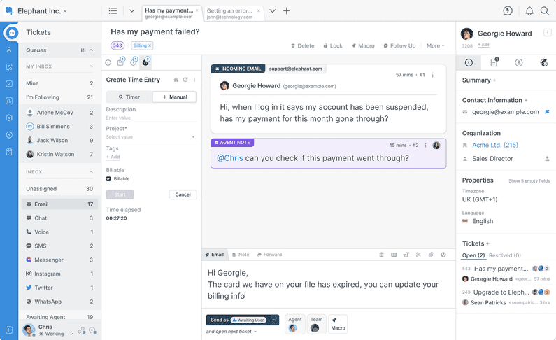 Screenshot of the Deskpro app that integrates with Toggl Track