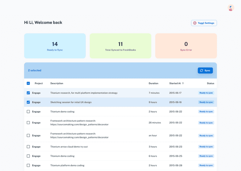 Screenshot of OneTracking app that works with Toggl Track