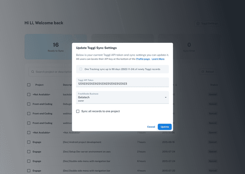 Screenshot of OneTracking app that works with Toggl Track