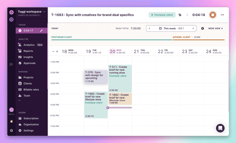 Screenshot of the Toggl Track's calendar view