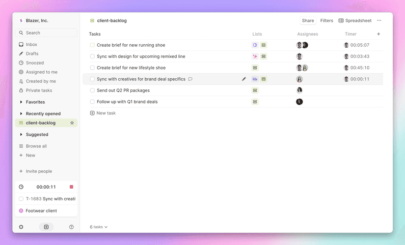 Screenshot of the Height app with items that correspond to projects in Toggl Track