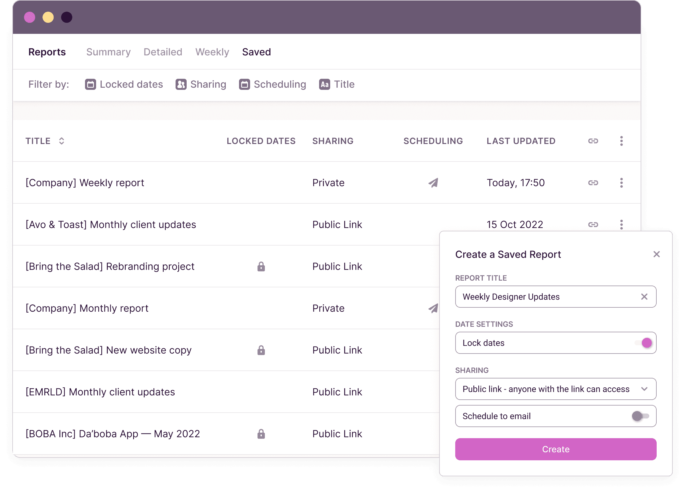Toggl Track's saved reports option that allows public or private link sharing