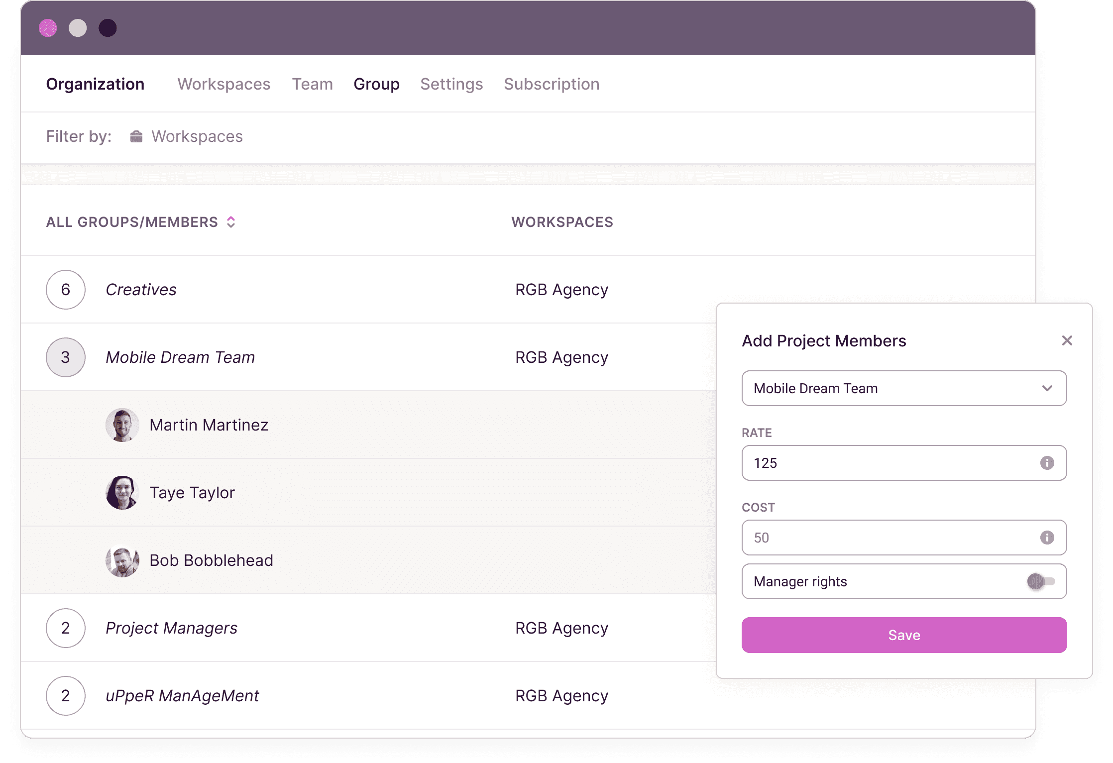 Toggl Track's user group feature allows grouping of team members to simplify assigning billable rates, user costs, and tasks.