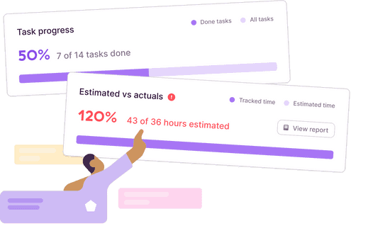 An illustration of a man pointing at a snippet of Toggl Plan's task card, showing that a team member has tracked more hours than estimated