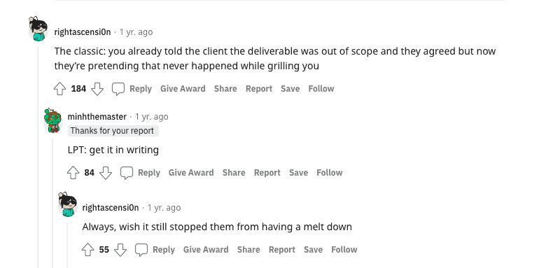 Screenshot of Reddit thread about the importance of a statement of work