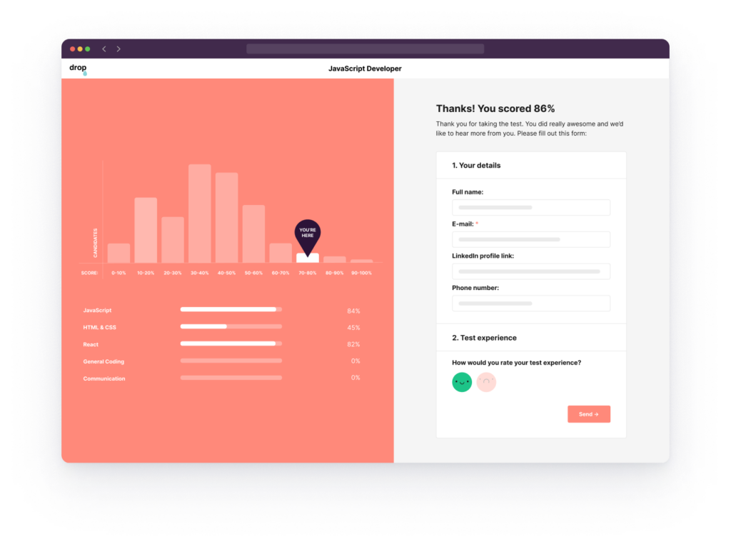 Since skills tests are graded automatically, companies can effortlessly provide constructive feedback without any manual effort.