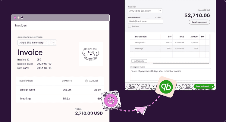 Screenshot of QuickBooks integration in Toggl Track web app