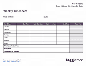 Screenshot of Weekly timesheet templates
